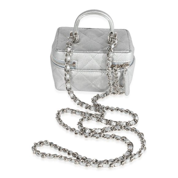 Chanel Silver Metallic Quilted Caviar Mini Vanity Bag With Chain - Picture 3 of 8